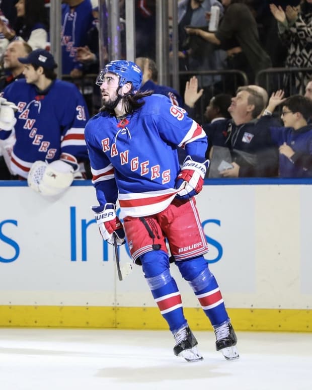 Nov 6, 2022; New York, New York, USA; New York Rangers center Mika Zibanejad (93) looks up at the scoreboard after scoring a goal in the first period against the Detroit Red Wings at Madison Square Garden. Mandatory Credit: Wendell Cruz-USA TODAY Sports
